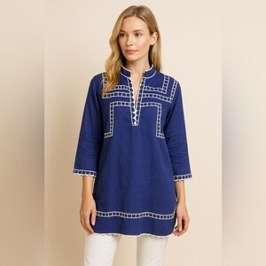 Gretchen Scott Designs Blue Embroidered Tunic Top Size S Boho Resort Preppy